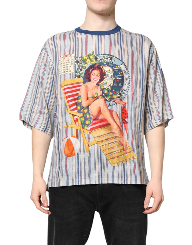 Multicolor striped pin up linen round neck t-shirt-null