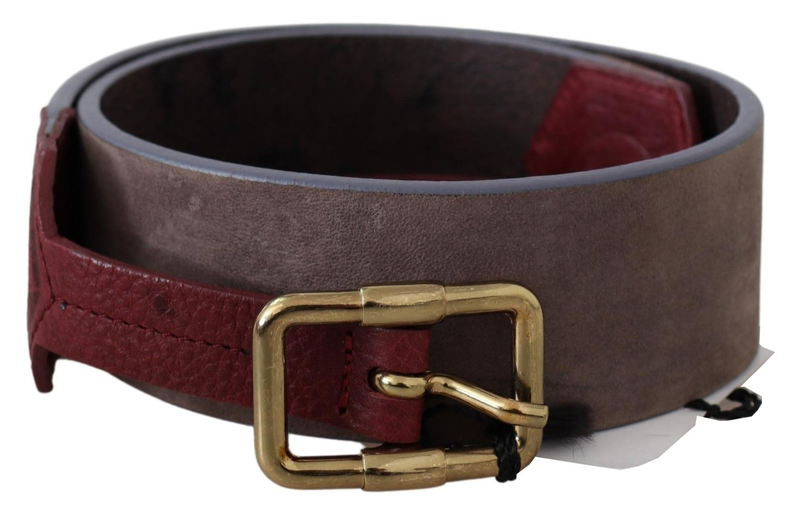 Brown leather wide gold chrome logo buckle belt-null