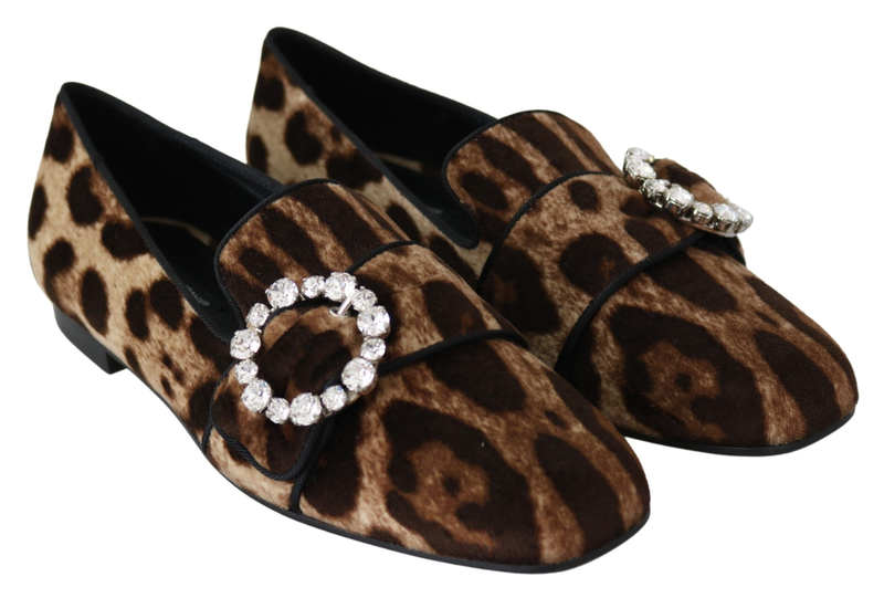 Brown leopard print crystals loafers flats shoes-null