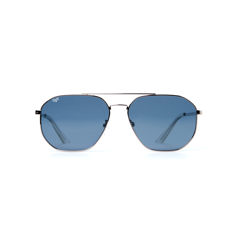 OJO sunglasses square silver frame and temples with blue polarised lenses rx-null