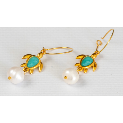 Hoop Earrings with Turquoise Turtle Element and Pearl, gold, turqoise, pearl, medium