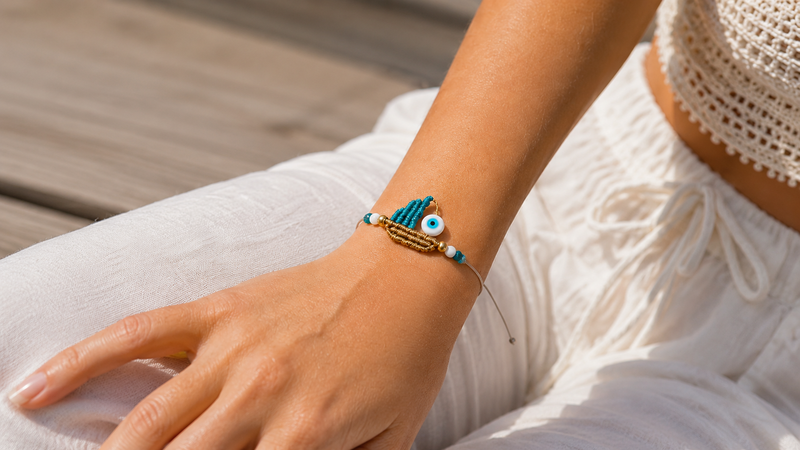 Handmade macram&eacute; sailboat evil eye bracelet-null