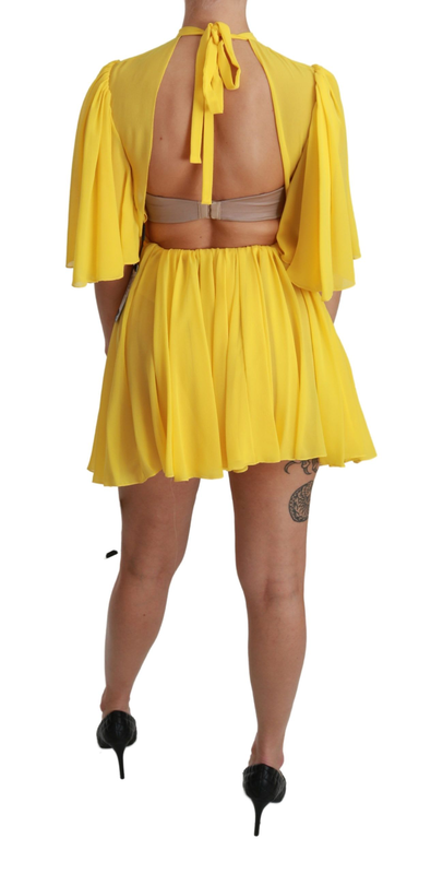 Yellow pleated a-line mini 100% silk dress-null