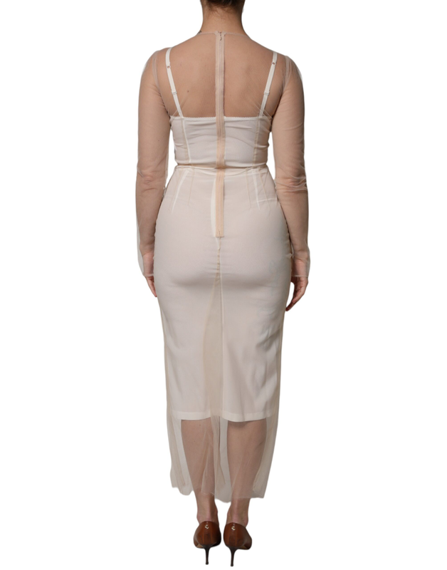 White sheer tulle bustier bodycon midi dress-null