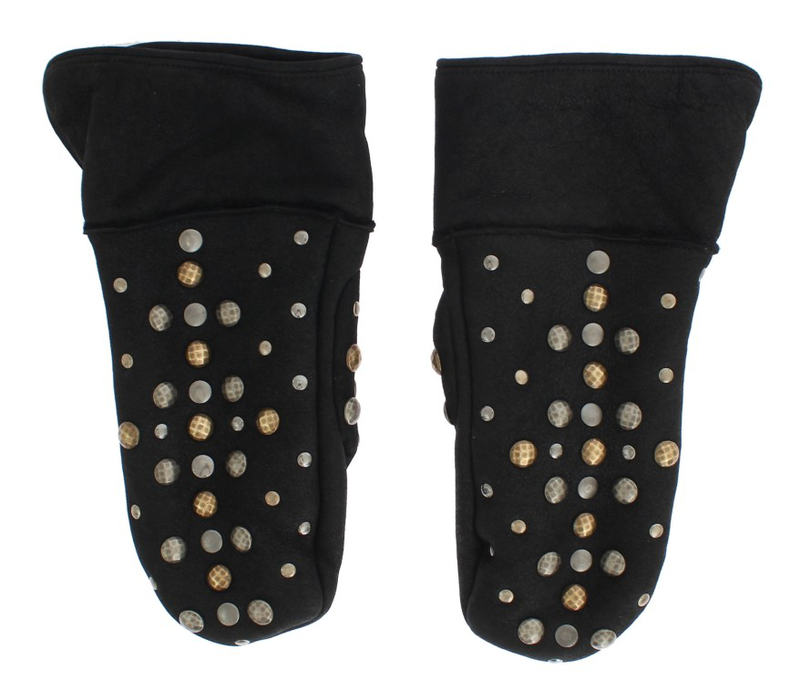 Gray wool shearling studded gloves-null