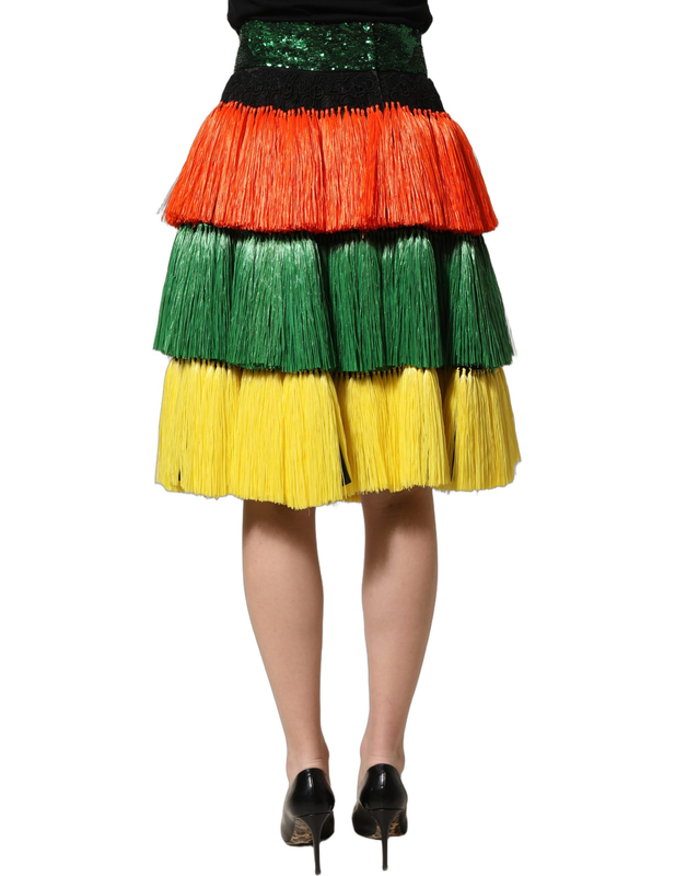 Multicolor fringe sequin high waist knee length skirt-null