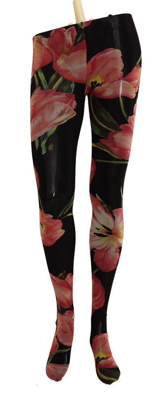 Black floral print nylon tights stockings-null