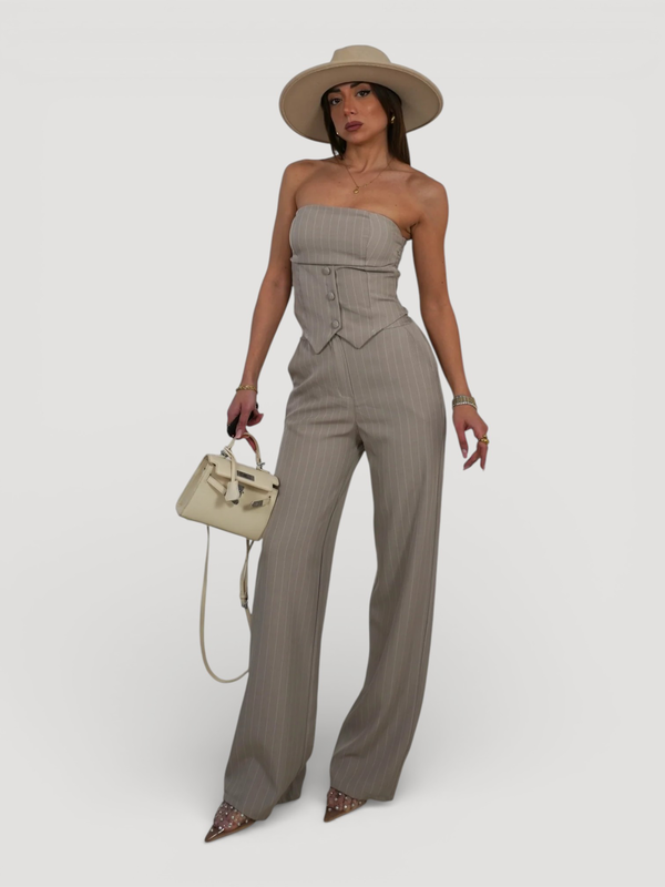Pinstripe strapless bustier top - beige-null