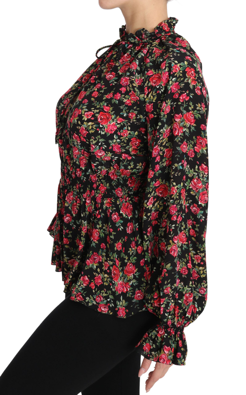 Black rose print floral shirt top blouse-null