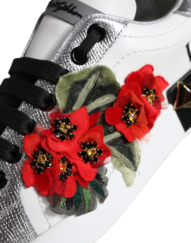White leather floral studded sneakers shoes-null