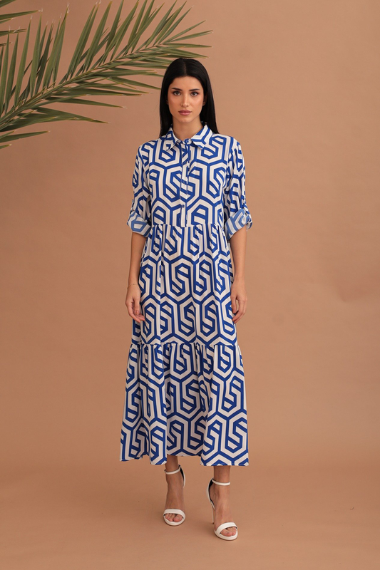 Freya geometric pattern dress - blue-null