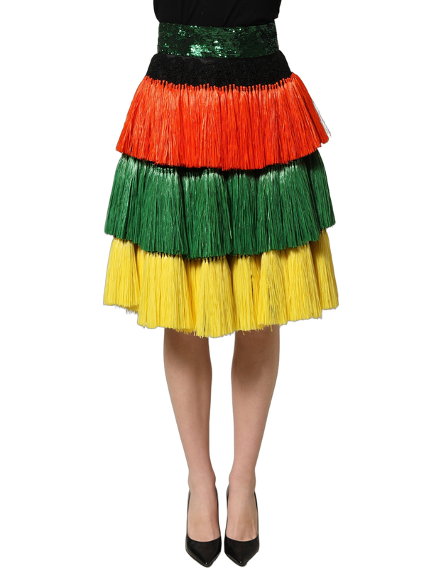 Multicolor fringe sequin high waist knee length skirt-null