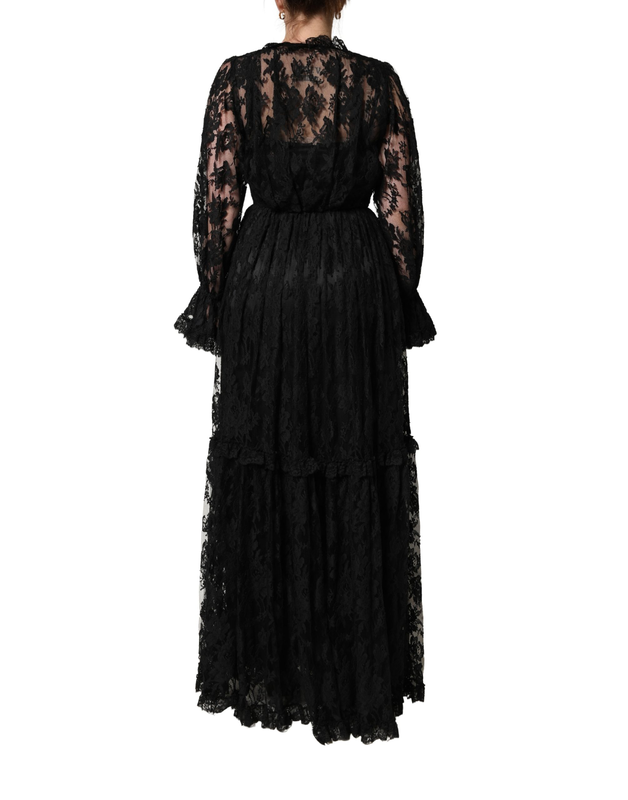 Black lace a-line long evening gown dress-null