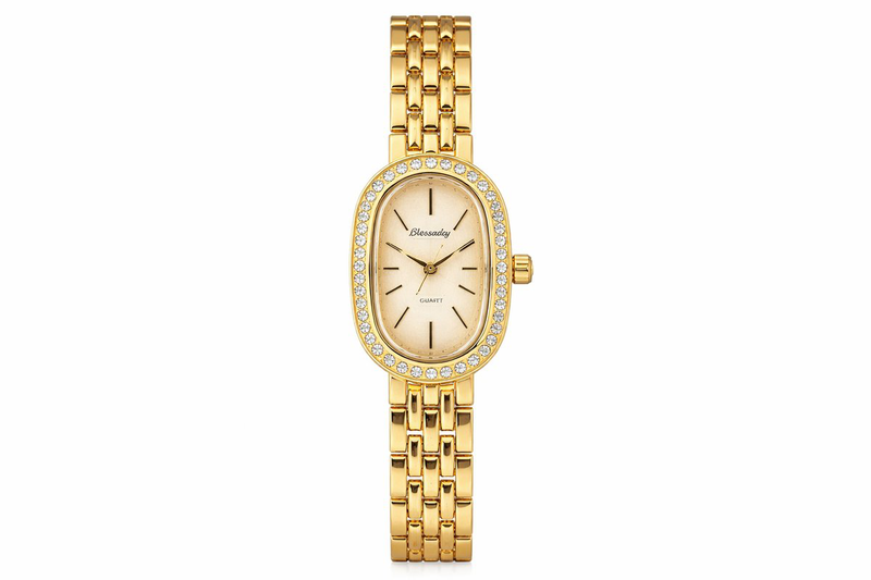 Elegant gold stainless steel ladies watch with crystal bezel-null