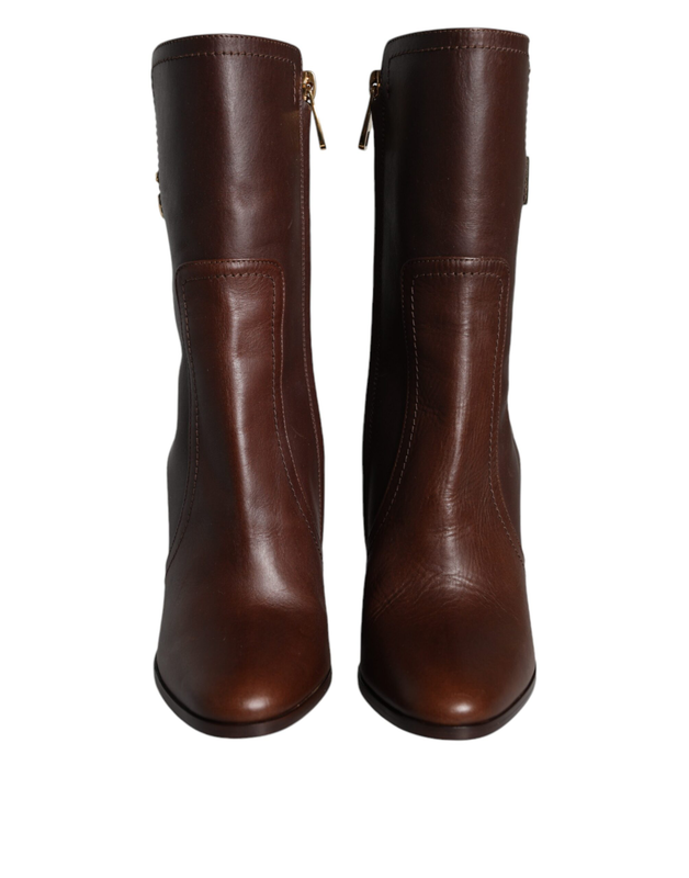 Brown leather heels mid calf boots shoes-null