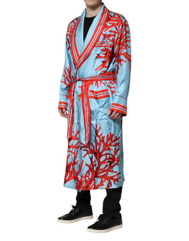 Blue red coral print wrap robe coat jacket-null