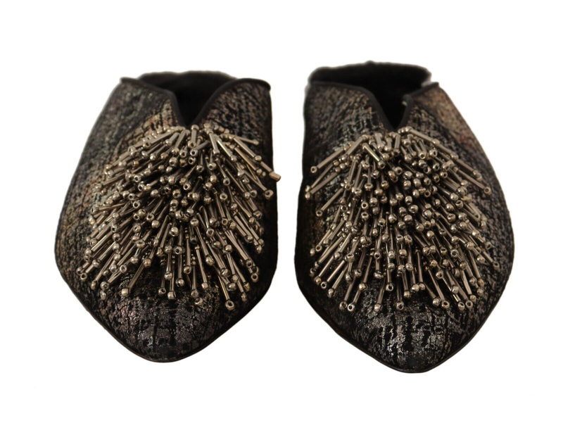 Gold jacquard leather embellished slip on shoes-null