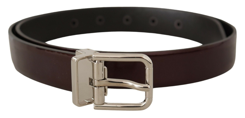 Brown patent leather silver metal buckle belt-null