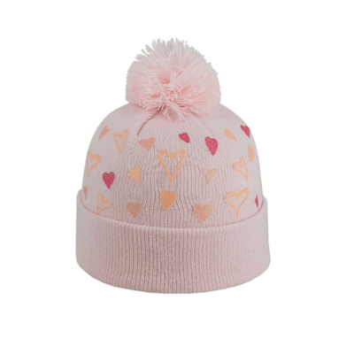 Girls beanie pink - double cuff with glitter hearts print and pom pom, , medium