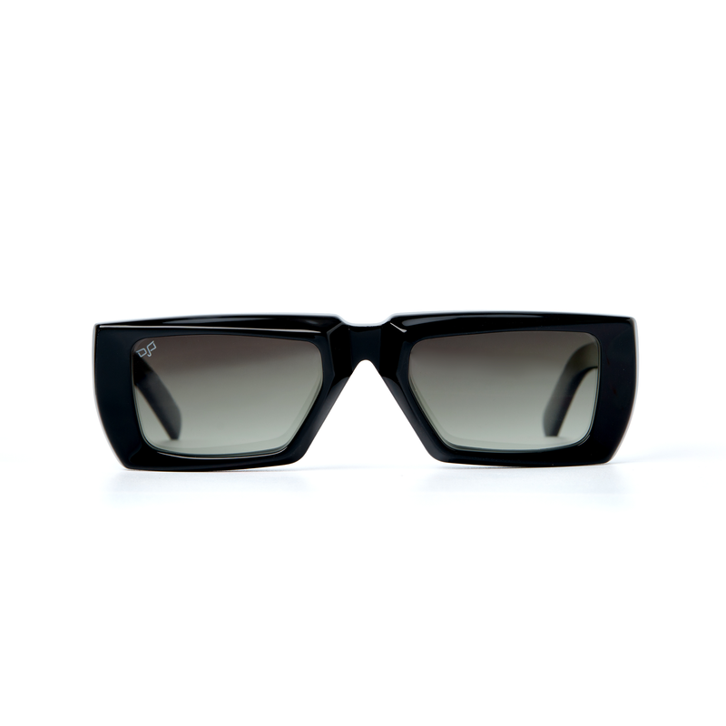 OJO sunglasses square handmade black frame and temples with nylon green polarised lenses-null