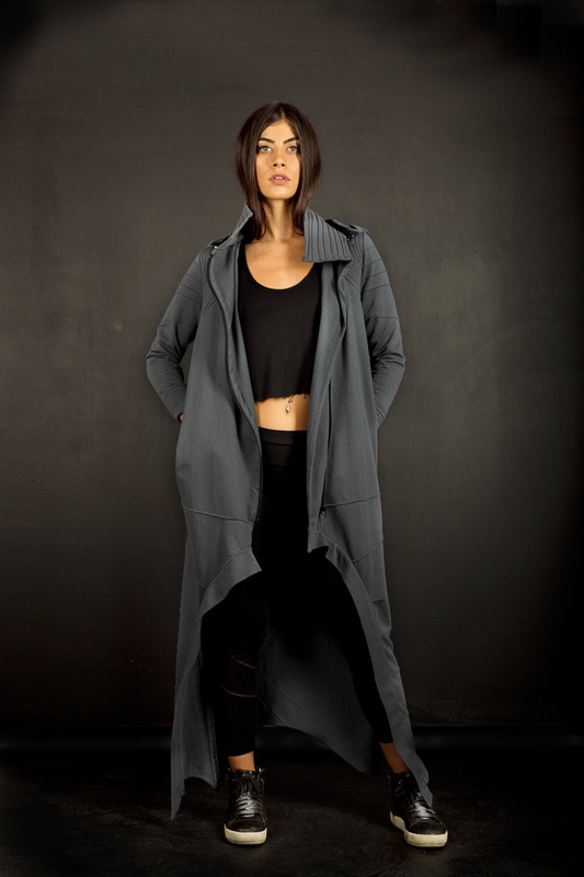 Cyberpunk long coat with hood/futuristic zipper women's jacket-null