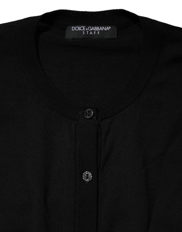 Black wool knit round neck cardigan sweater-null