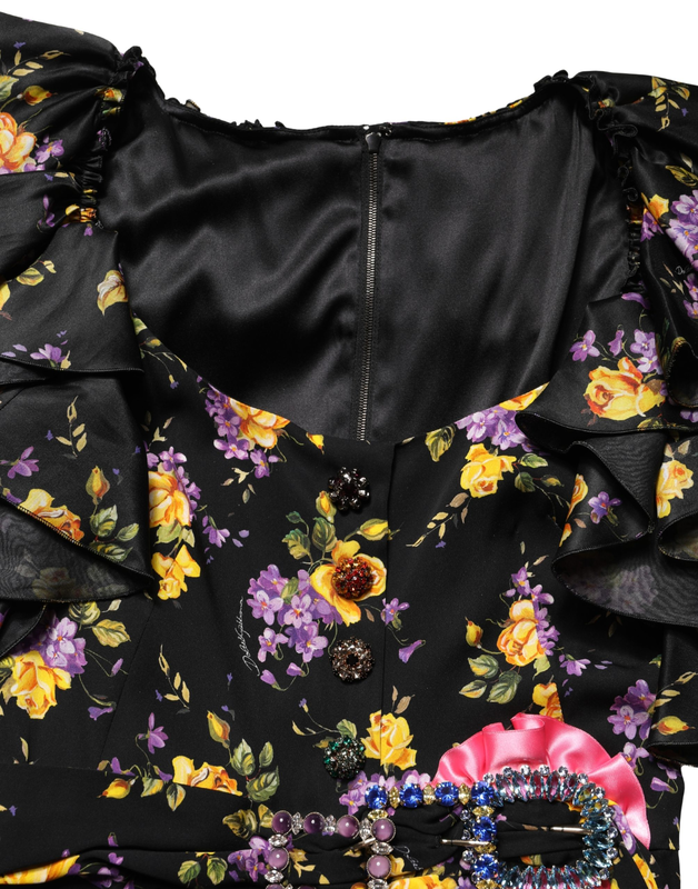 Black purple crystal brooch silk midi dress-null