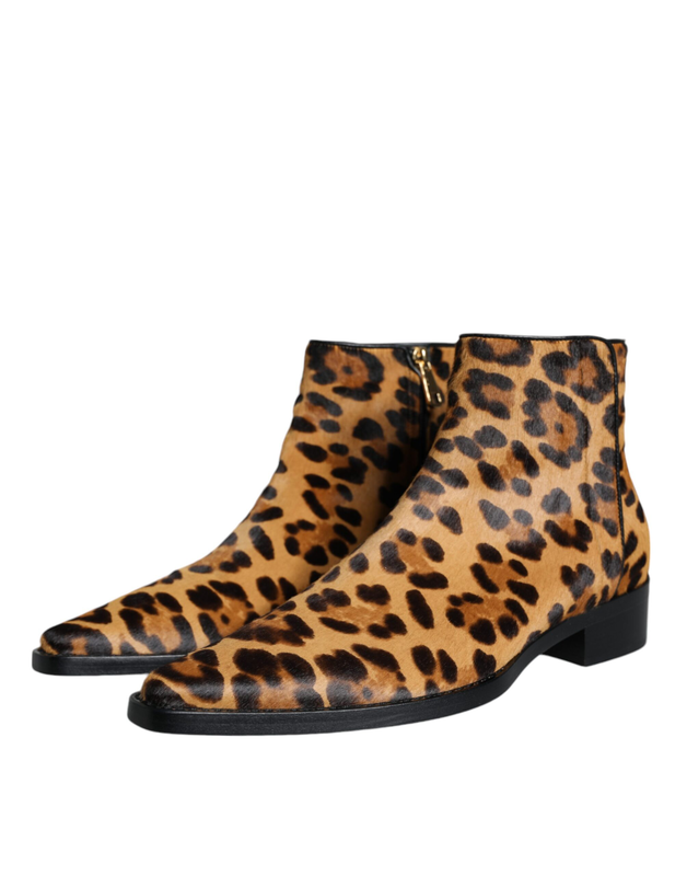 Brown leopard calf fur ankle boots shoes-null