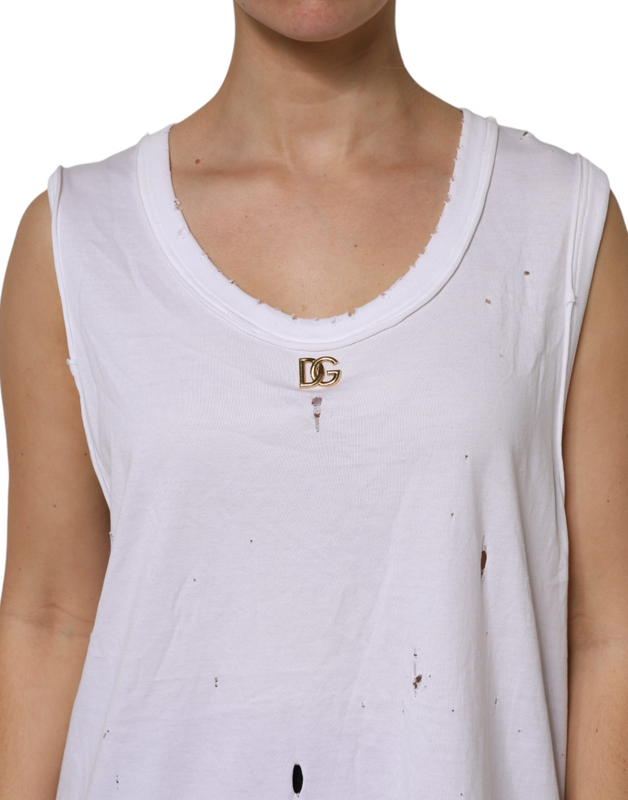 White cotton sleeveless round neck tank top-null