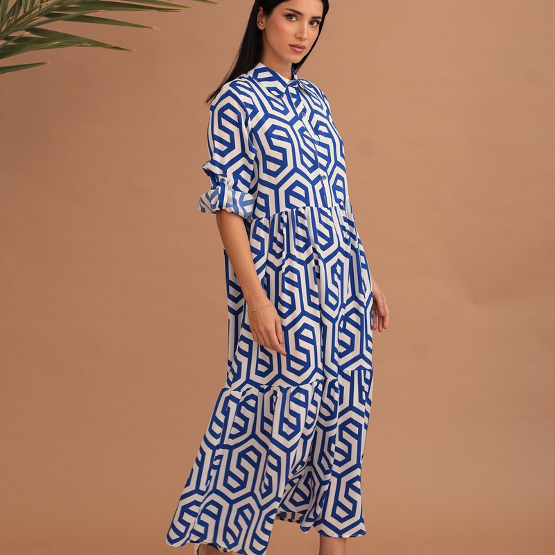 Freya geometric pattern dress - blue-null