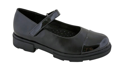 Girls - smart school shoe - matt black with lustrine toe cap, Black, medium