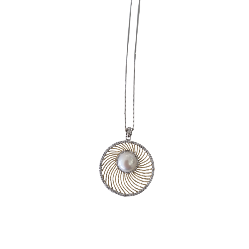 Silver necklace with pearl and zircons image number null