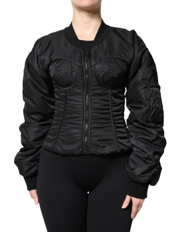 Black nylon full zip bustier corset jacket-null