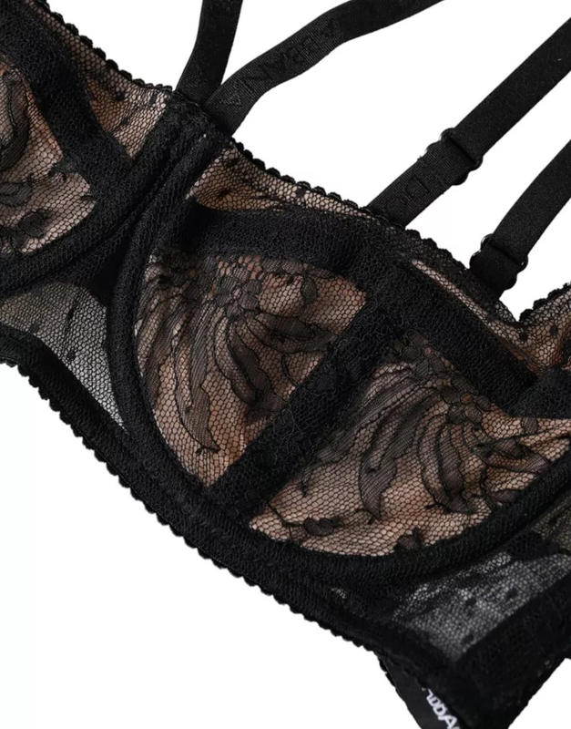 Black floral lace nylon balconcino bra underwear-null