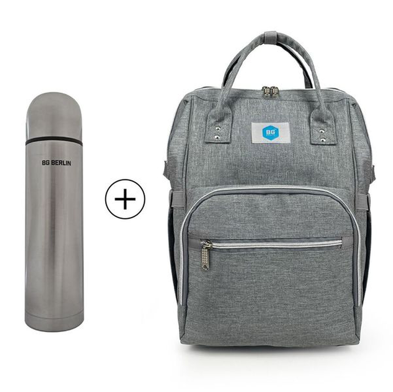 Bg berlin - mama bag & gift stainless steel bottle. Changing backpack, light blue diaper bag. image number null