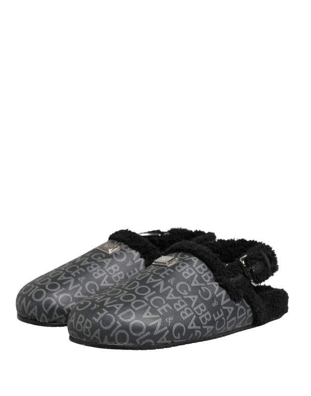 Gray faux fur jacquard mules sandals shoes-null