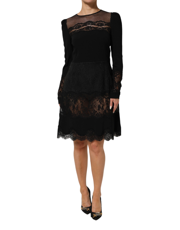 Black floral lace trim sheath a-line dress-null