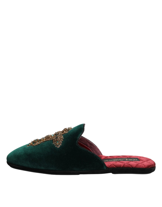 Green velvet cross embellished slippers shoes-null