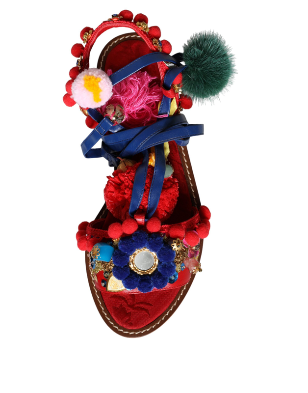 Multicolor pom pom fur wrap sandals shoes-null