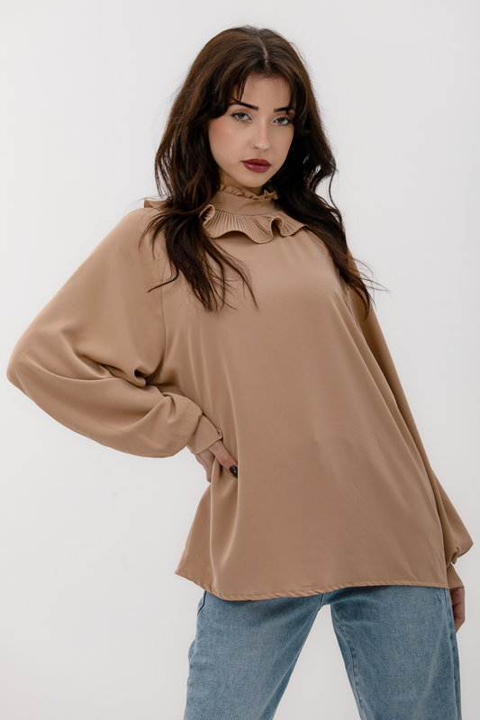 High frilled colar blouse beige-null