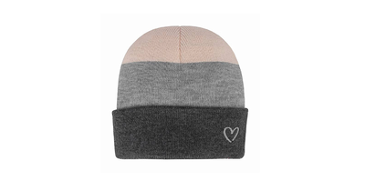Girls beanie - tricolor pink/grey wtih cuff and glitter heart print, , medium