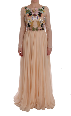 Pink silk floral crystal maxi gown dress, Pink, medium