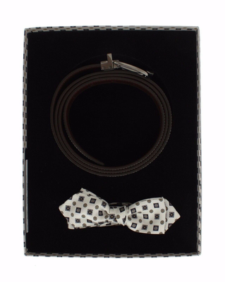 White silk bowtie leather men belt gift box, White, medium