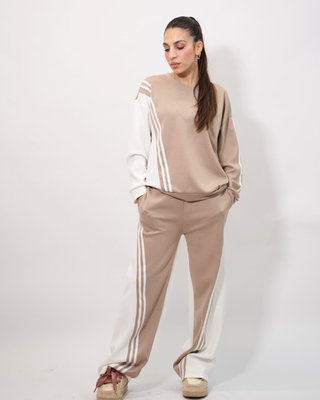 Stripe set tracksuit pants top 21657, Beige, medium