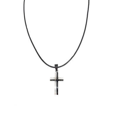 Necklace cross modern - stainless steel - leather rope thick, , medium
