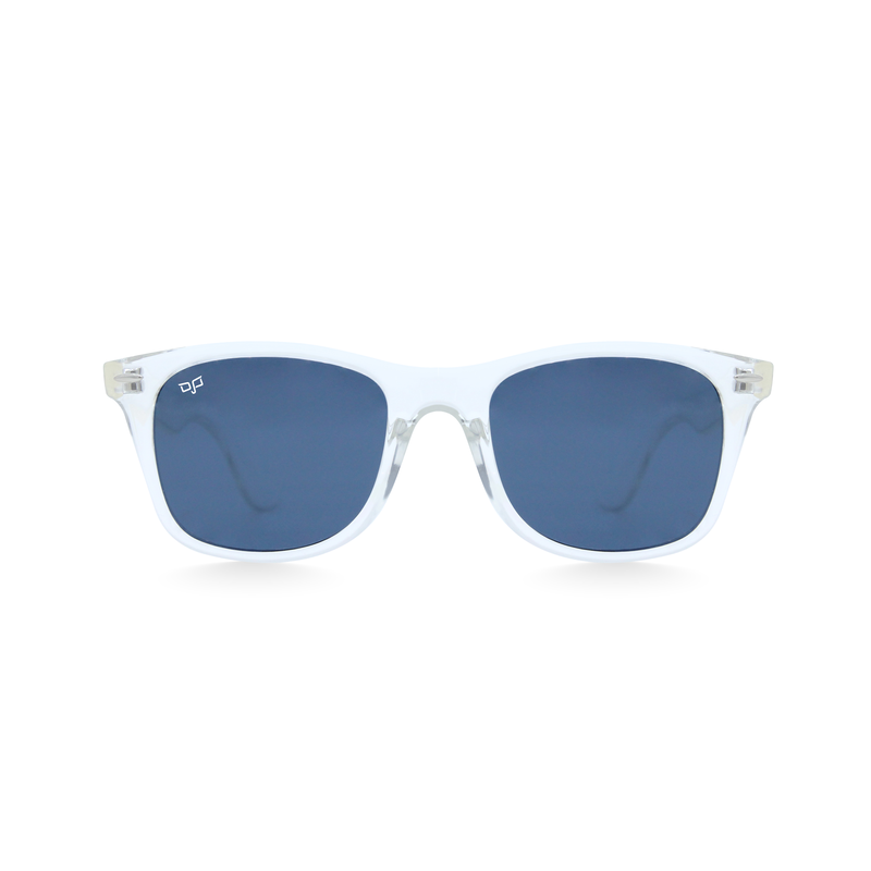 OJO sunglasses classic clear frame and temples with blue lenses rx-null
