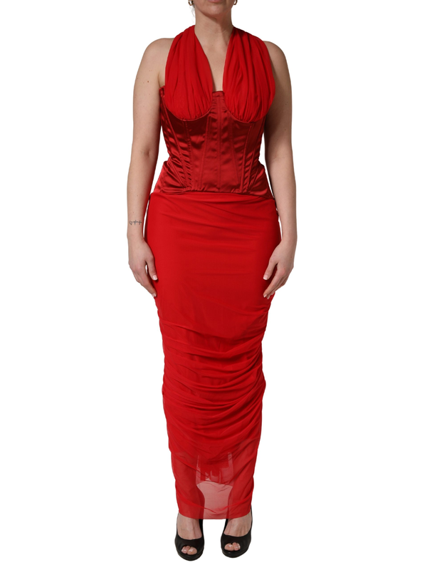 Red halter corset sleeveless sheath  dress-null