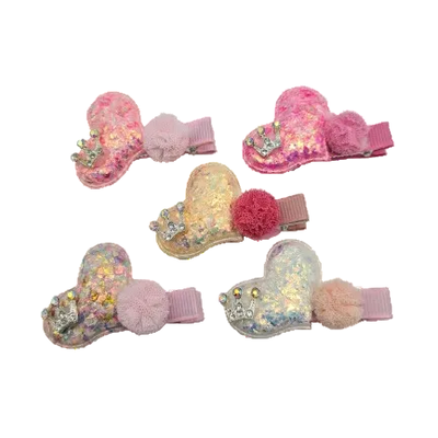 Migant child heart & crown glitter hair clips, Fuchsia, medium