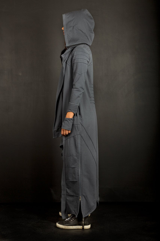 Cyberpunk long coat with hood/futuristic zipper women's jacket-null