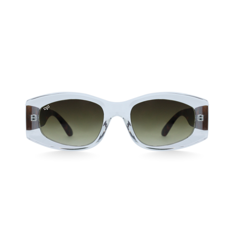 OJO sunglasses trend oval with clear frame and shell brown temples with brown gradient lenses rx-null